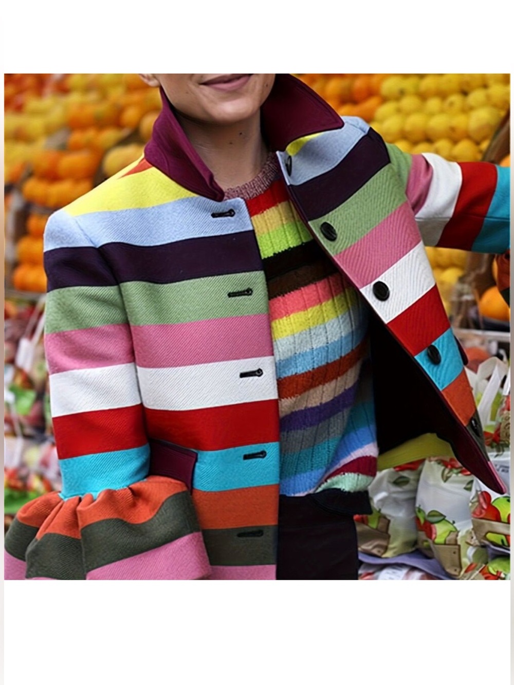 Horizontal Multicolored Striped jacket - with ruffled bell sleeves, Size XL